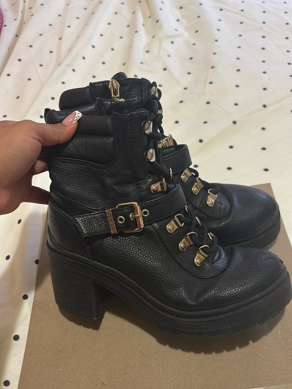 Guess Black Leather Lug-Heel Ankle Boots with Gold Hardware